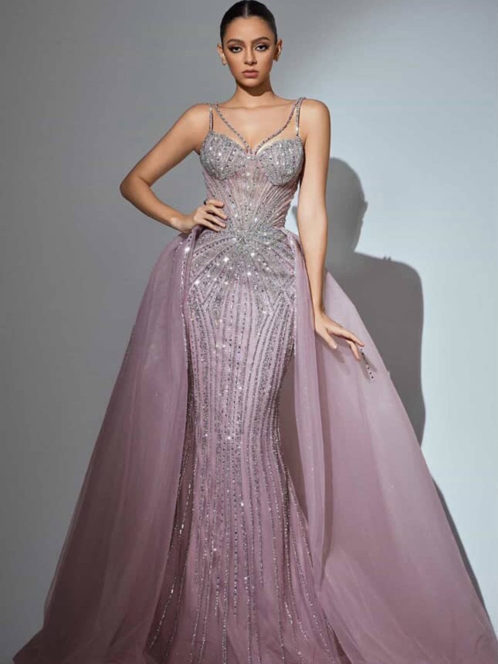 Embellished Pink Tulle Prom Gown with Crystal Accents - Picture 2 of 5